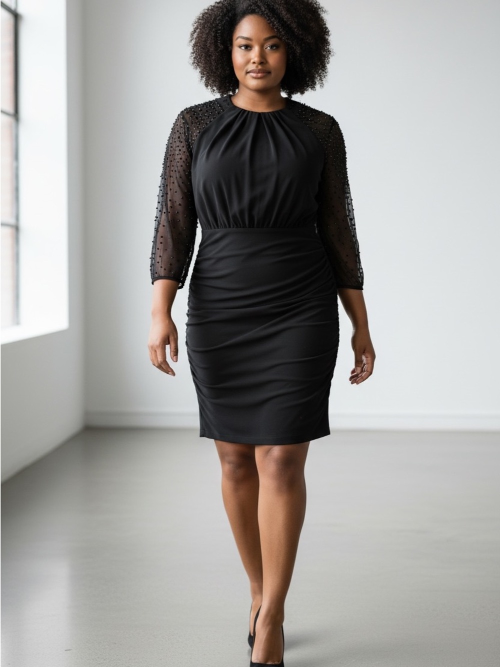 Betsy & Adam Black Beaded Mesh Sleeve Ruched Midi Dress